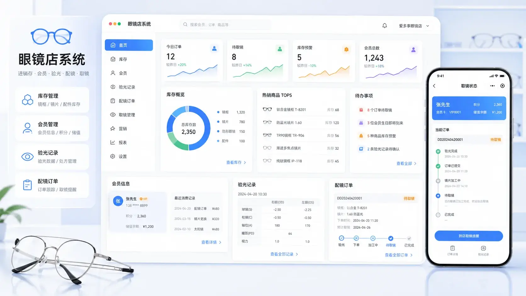 爱多事轻配镜的后台和小程序界面示意图