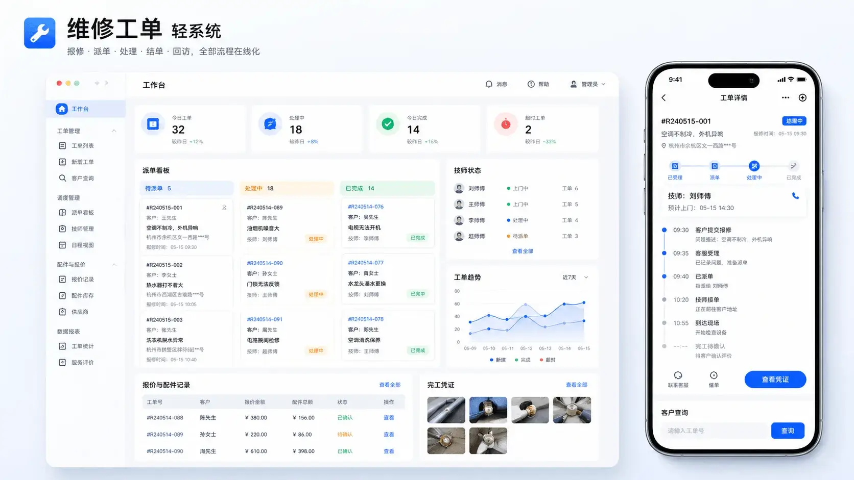 爱多事轻维修的后台和小程序界面示意图